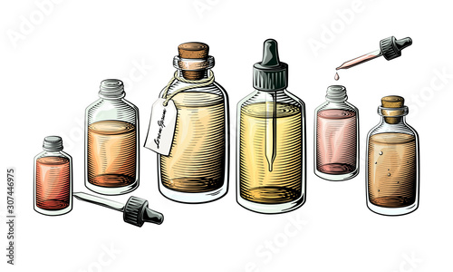Small extracts, essential oil or medicine bottle set. Bottles filled with liquid vector illustration.