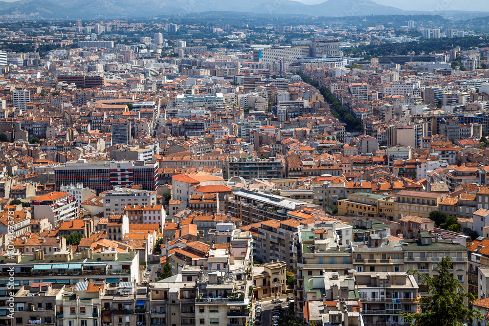 Aerial view of Marseille, France. Cityscape with rooftops in a summer day.