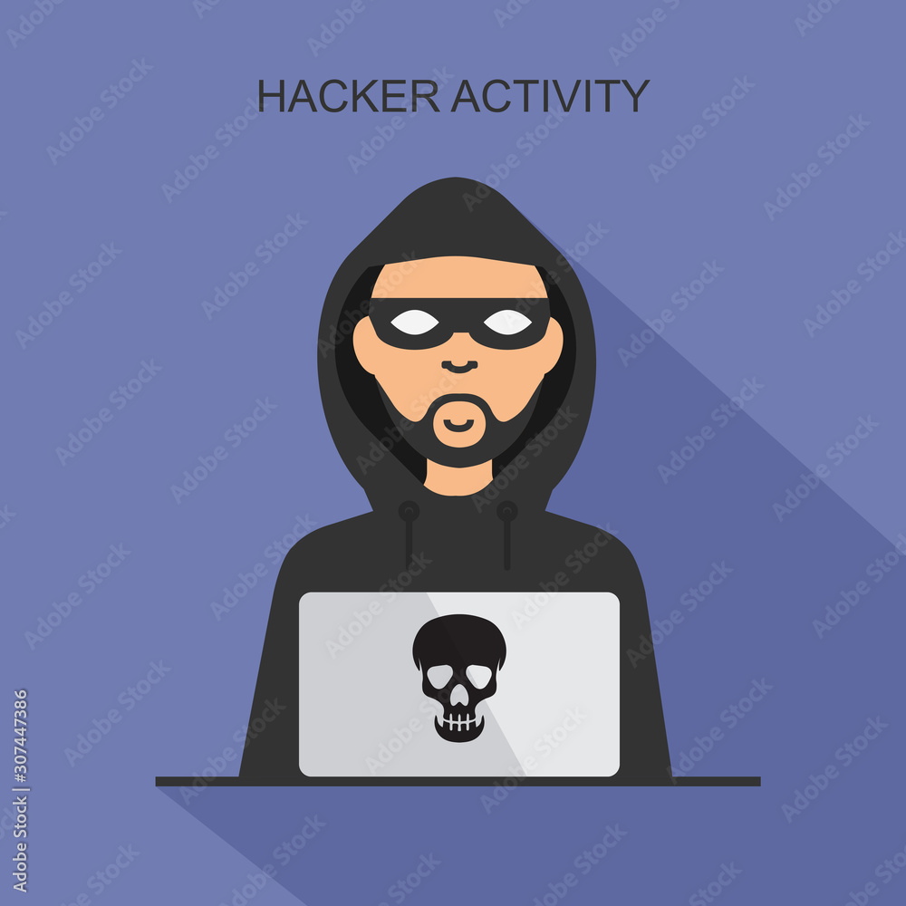 Hacker activity and cyber crime concept. Vector thief in black mask steals information from laptop. Hacker sitting at the desktop and hacking user login. Hacker activity and cyber crime concept. Vector thief in black mask steals information from laptop. Hacker sitting at the desktop and hacking user login.