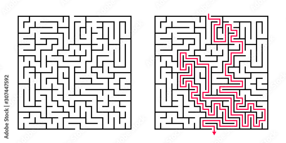 Vector Square Maze Labyrinth with Included Solution in Balck & Red