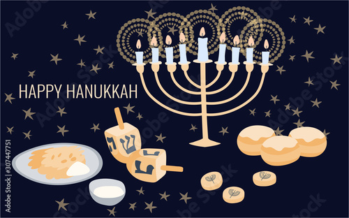 Happy Hanukkah greeting card template with menora, dreidel, chocolate coins and jelly donuts. Hand drawn flat vector illustration.