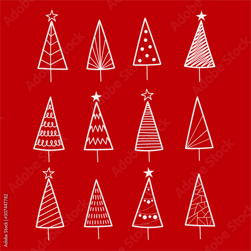 Set of white doodle Christmas tree vectors, isolated on a red background.