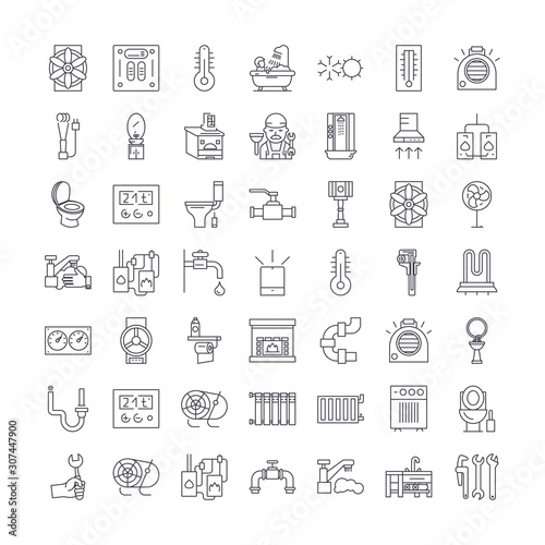 Heating,plumbing,ventilation line icons, signs, symbols vector, linear illustration set