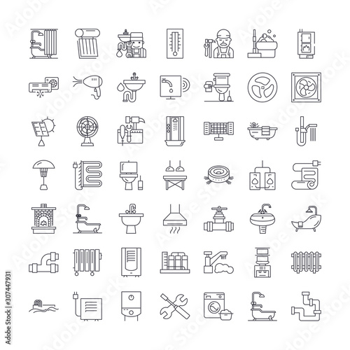 Heating,plumbing,ventilation company line icons, signs, symbols vector, linear illustration set