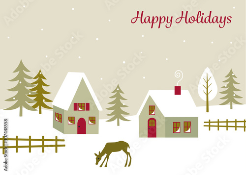 snowy winter holiday scene with houses and deer.