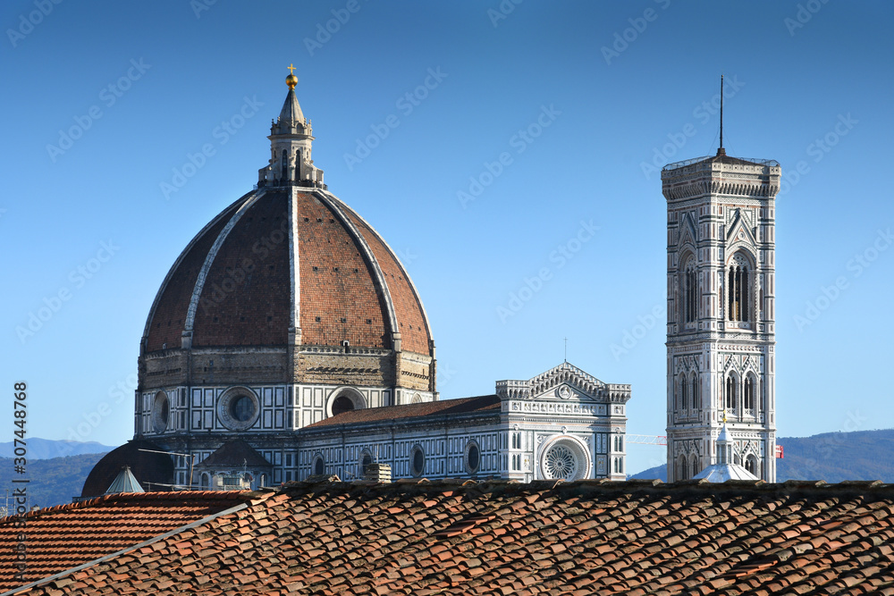 Beautiful view of The Cathedral of Santa Maria del Fiore and Giotto Bell Tower in Florence, Italy.