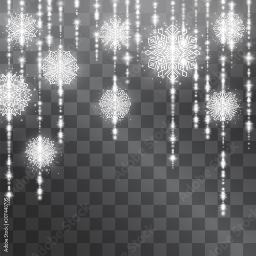 Snowflake garland silver light tinsel light effect,  decorative icicle hanging garland, blue glitter curtains for Christmas, winter holidays. Shining sparkling stars for celebration banners, posters.