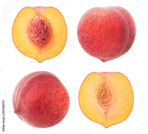 isolated peach collection. Whole fruits and halves isolated on white background with clipping path photo