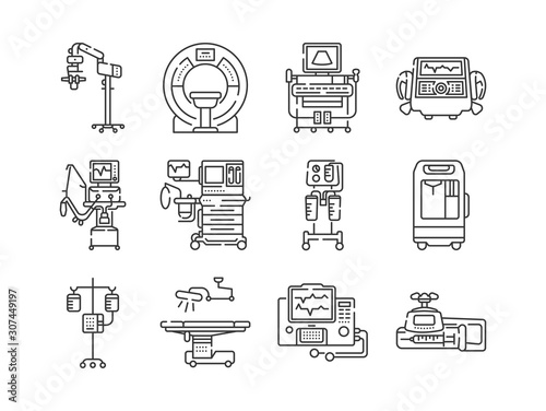 Medical devices line black icons set. MRI, anesthesia machine, syringe pump, dropper, defibrillator, Signs for web page, mobile app. Vector isolated elements. Editable stroke.