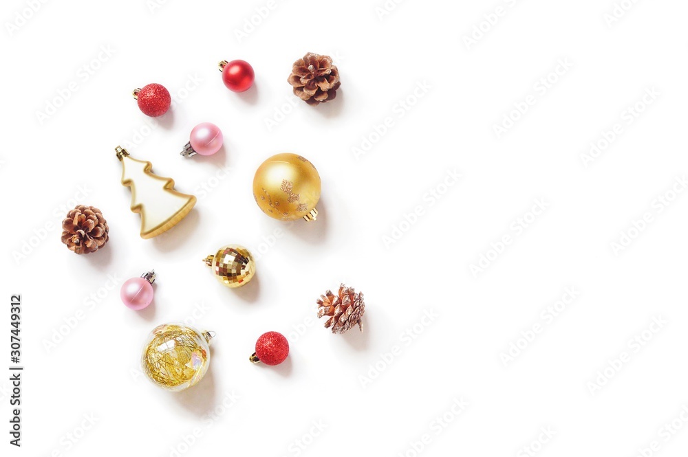 Flat lay photography Christmas and New Year ornament. Gold, pink, red balls , pine cones. Classic elegant Xmas decoration Flat lay photography Christmas and New Year ornament. Gold, pink, red balls , pine cones. Classic elegant Xmas decoration