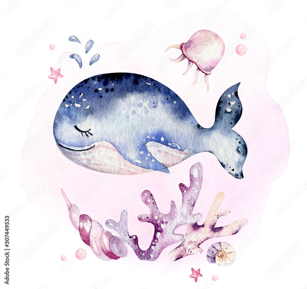 Fototapeta Set of sea animals. Blue watercolor ocean fish, turtle, whale and coral. Shell aquarium background. Nautical marine hand painted illustration.