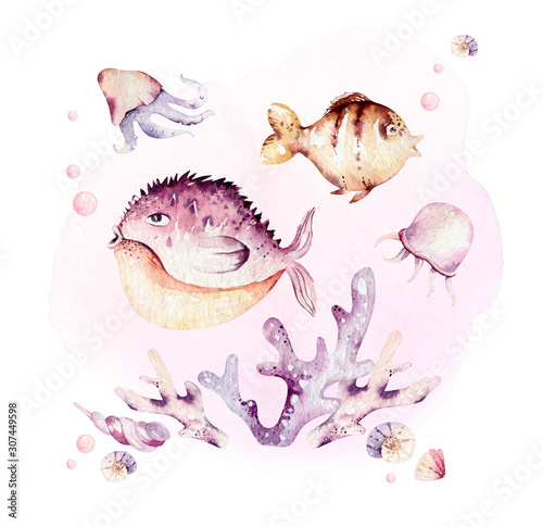 Obraz na płótnie Set of sea animals. Blue watercolor ocean fish, turtle, whale and coral. Shell aquarium background. Nautical marine hand painted illustration.