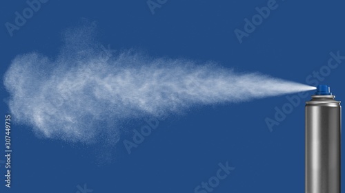 VFX plate photo of spray can with blast on blue background, fountain of vaporized foam particles
