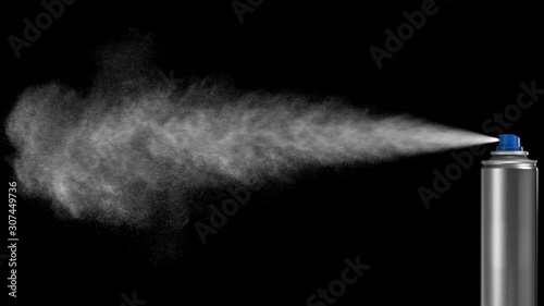VFX plate photo of spray can with blast on black background, fountain of vaporized foam particles