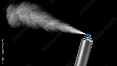VFX plate photo of spray can with blast on black background, fountain of vaporized foam particles