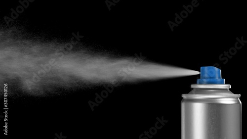 VFX plate photo of spray can with blast on black background, fountain of vaporized foam particles