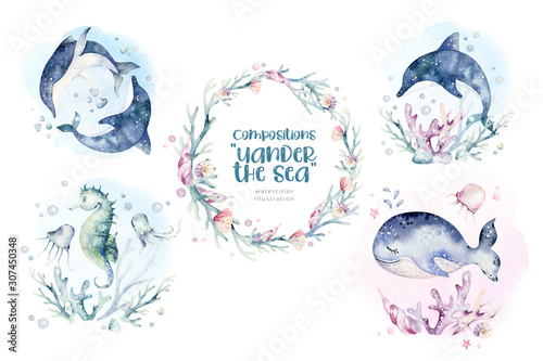 Set of sea animals. Blue watercolor ocean fish, turtle, whale and coral. Shell aquarium background. Nautical wildlife dolphin marine illustration, jellyfish, starfish © kris_art