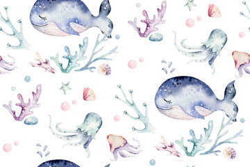 Fototapete Meerestiere-Kindermuster Aquarell Wal Schildkröte Korallen Seestern  © kris_art