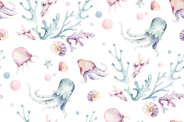 Fototapete Meerestiere-Kindermuster Aquarell Meerestiere Wal Schildkoete Korallen  © kris_art