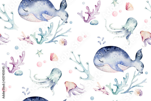 Photography Sea animals blue watercolor ocean seamless pettern fish, turtle, whale and coral