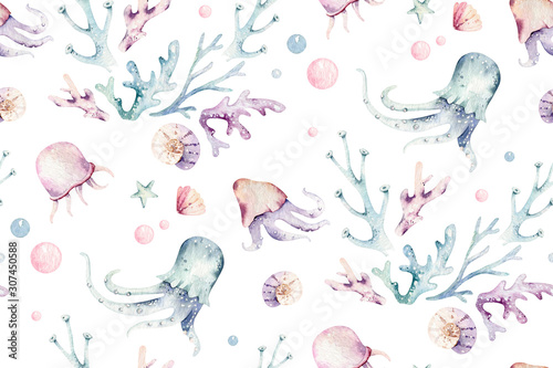 Obraz na płótnie Sea animals blue watercolor ocean seamless pettern fish, turtle, whale and coral. Shell aquarium background. Nautical starfish marine illustration