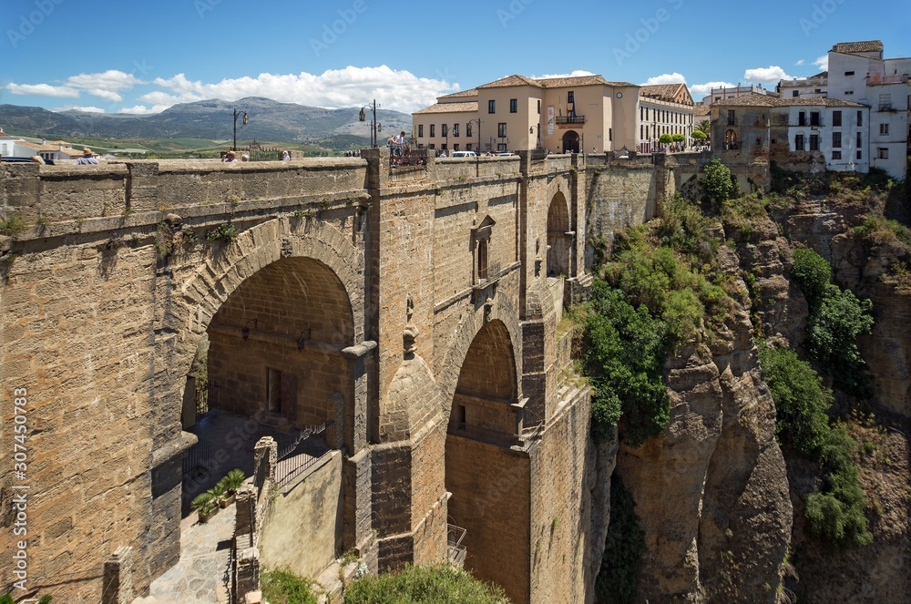 Ponte Nuevo (the New Bridge) in Ronda, Spain. This bridge spans the 120-metre-deep (390 ft) chasm that carries the Guadalevín River and divides the city of Ronda