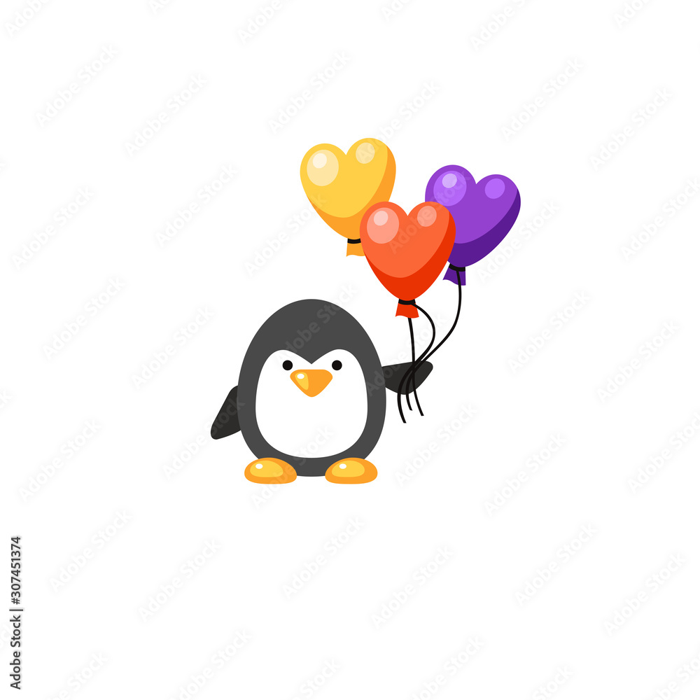 Fototapeta premium Vector black penguin with three balloons in the shape of hearts. Cute animal. Bright cartoon love character. Greeting card for the Saint Valentines Day. 
