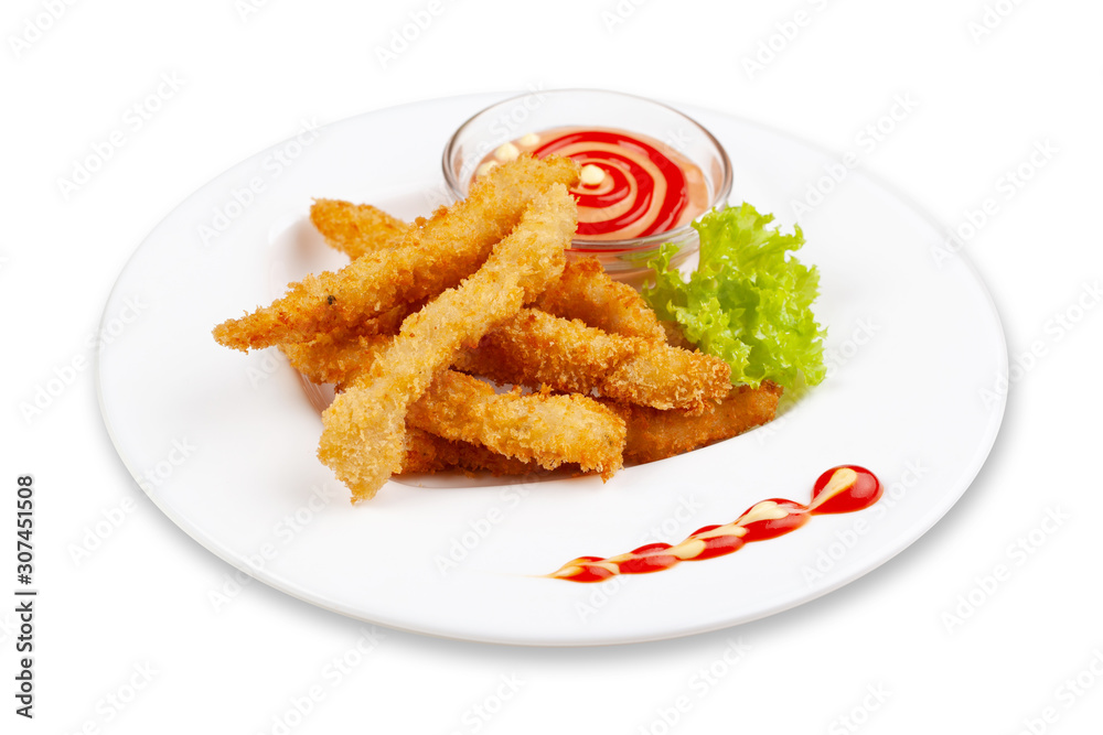 Chicken nuggets with sauce on a white plate Chicken nuggets with sauce on a white plate
