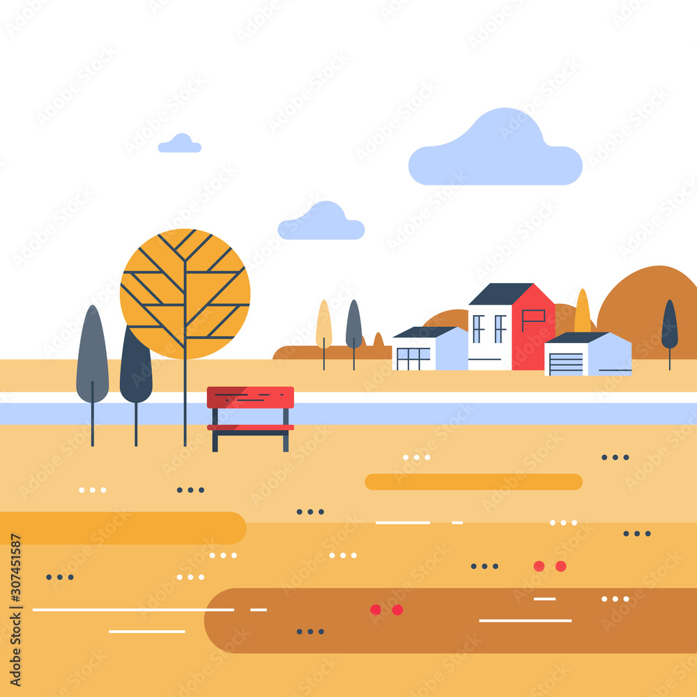 Autumn park scene, small bench at river bank, beautiful view, group of residential houses in background Autumn park scene, small bench at river bank, beautiful view, group of residential houses in background