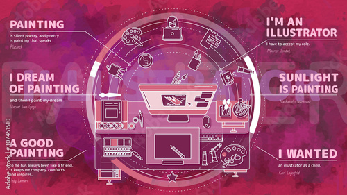 Advertising promo poster for illustrators with corresponding text blocks.