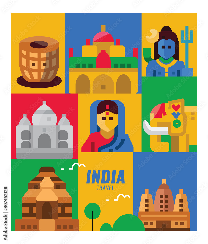 India travel. landmarks, people and culture scene. flat poster and banner design elements. vector illustration