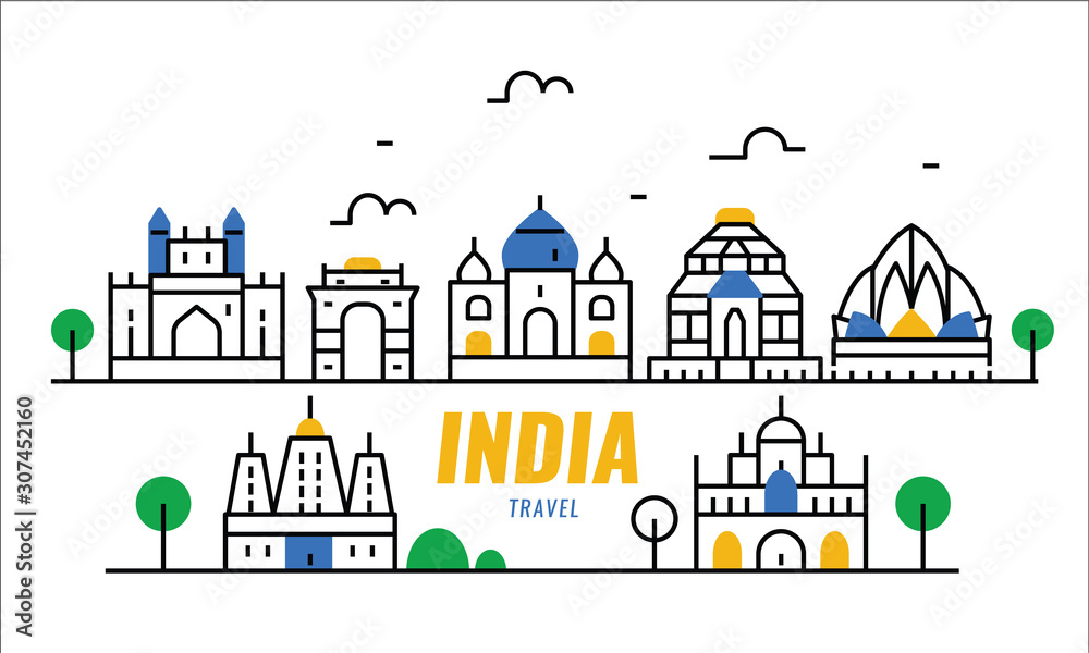 India travel scene. thin line poster and banner design elements. vector illustration