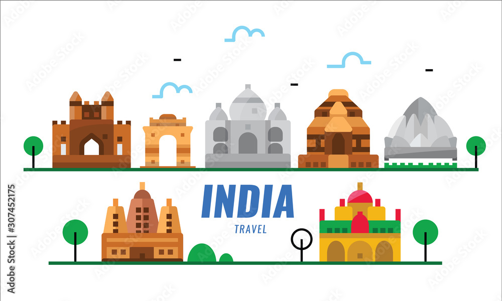 Obraz premium India travel. landmarks scene. flat poster and banner design elements. vector illustration