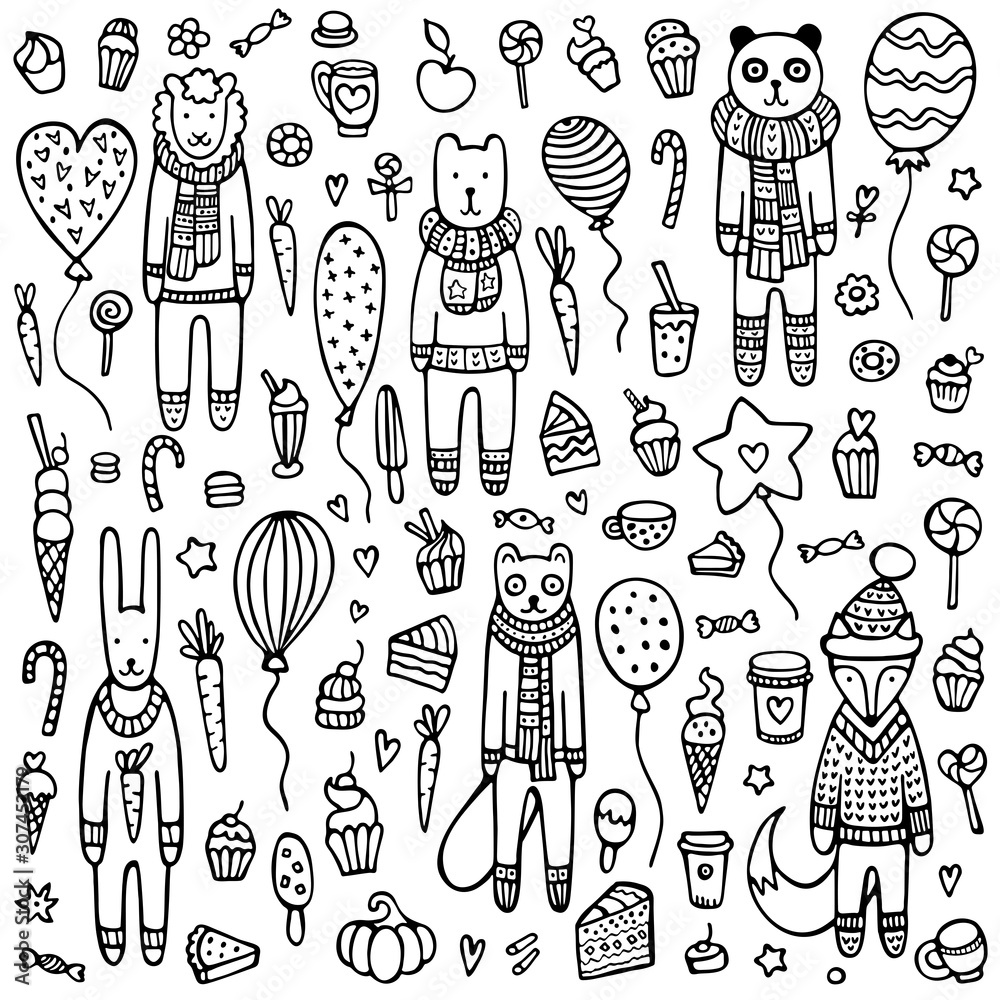 A set of doodle animals with knitted scarves and warm winter sweaters surrounded by balloons, cakes, candies, and other sweet things. Cute hand drawn vector background. A set of doodle animals with knitted scarves and warm winter sweaters surrounded by balloons, cakes, candies, and other sweet things. Cute hand drawn vector background.