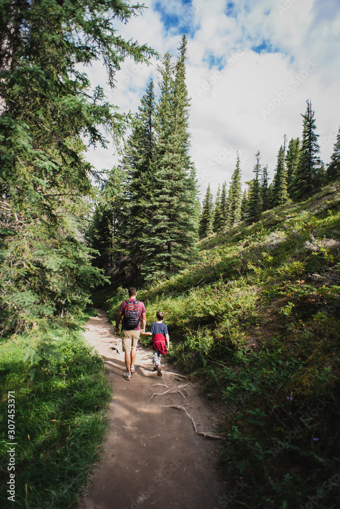 Father and son holding hands as they hike through path in the forest. Father and son holding hands as they hike through path in the forest.