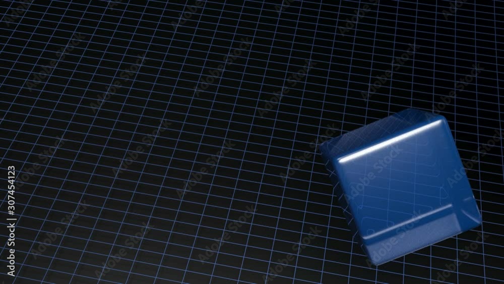 A blue glass cube is rotating over a black background with a blue grid - 3D rendering illustration