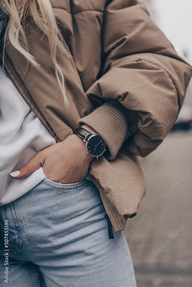 Stylish elegant watch on woman hand