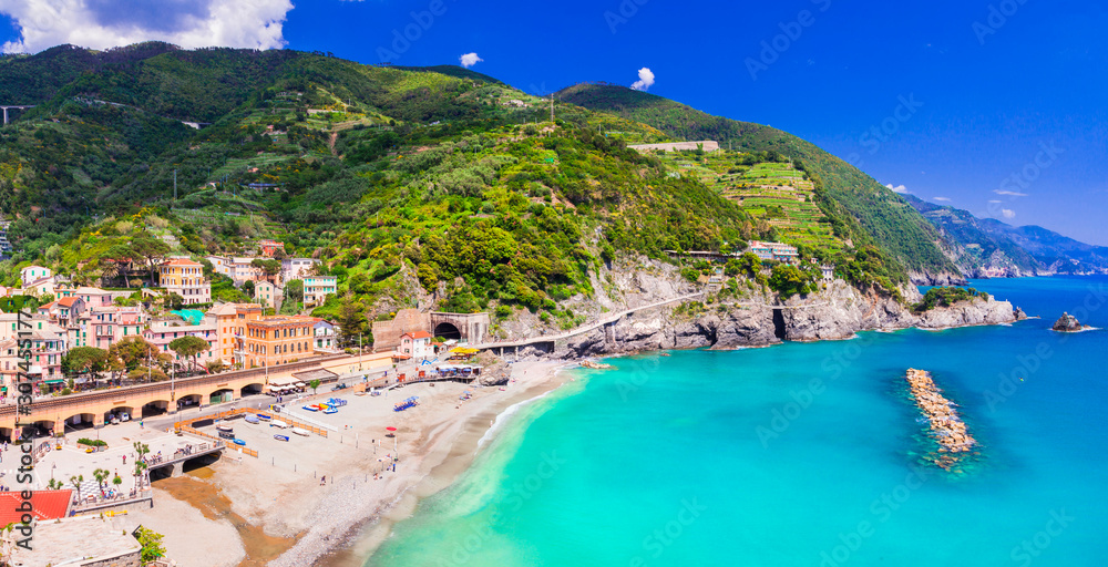 Monterosso al mare with great beaches, Cinque Terre national park in Liguria, Italy