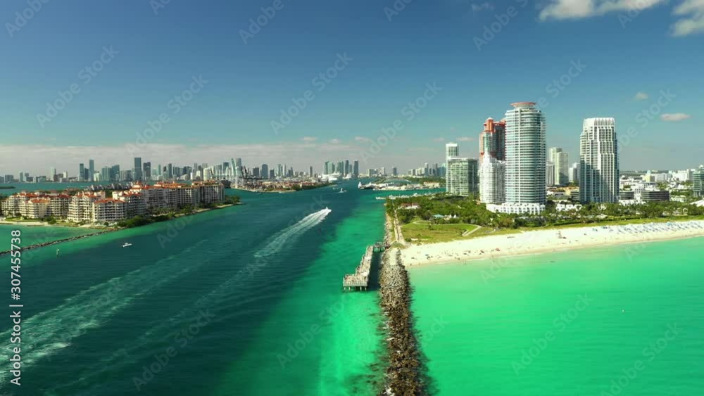 Drone rising Miami Beach Government Cut inlet Fisher Island Drone rising Miami Beach Government Cut inlet Fisher Island