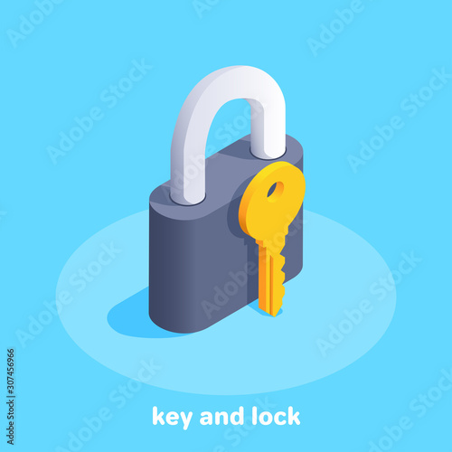 isometric vector image on a blue background, black lock and golden key icon