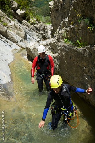 Canyoning Gloces Canyon in Pyrenees. photo