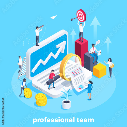 isometric vector image on a blue background, people work as a team with financial data, laptop and columns of the chart, studying financial documentation, business success