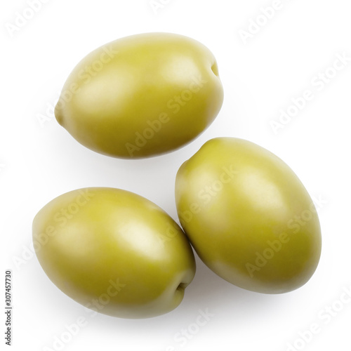 Close-up of delicious green olives, isolated on white background, view from above