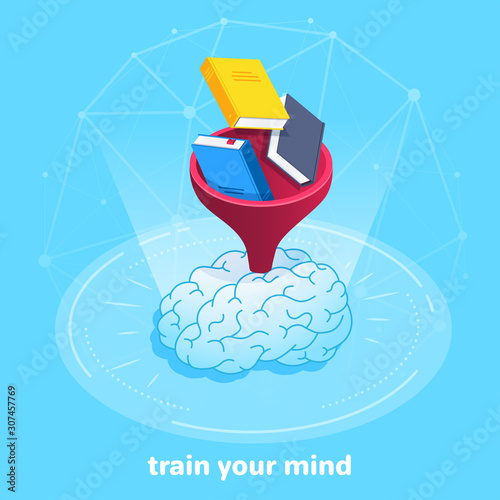 isometric vector image on a blue background, books through the watering can fall into the brain, reading as training for the brain
