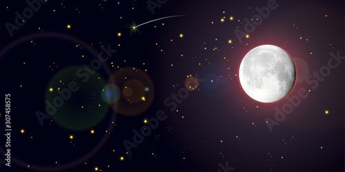 Luna piena con stelle cadenti nello spazio