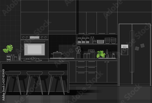 Interior design with modern kitchen in white line sketch on black background , vector , illustration