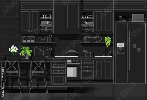 Interior design with modern kitchen in white line sketch on black background , vector , illustration
