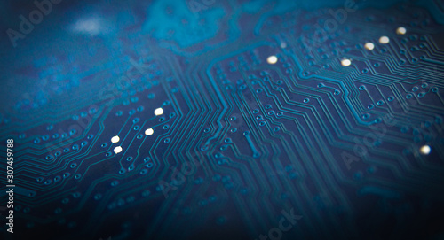 Modern printed circuit board, electronic circuit board, textolite. Background banner.