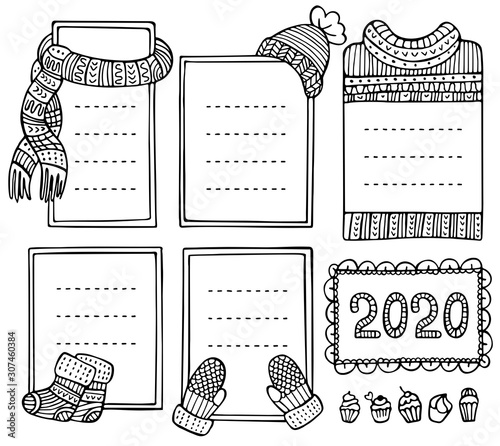 Collection of hand-drawn winter knitted frames. Set of doodle borders for bullet journal, notebook, diary, and invitations.