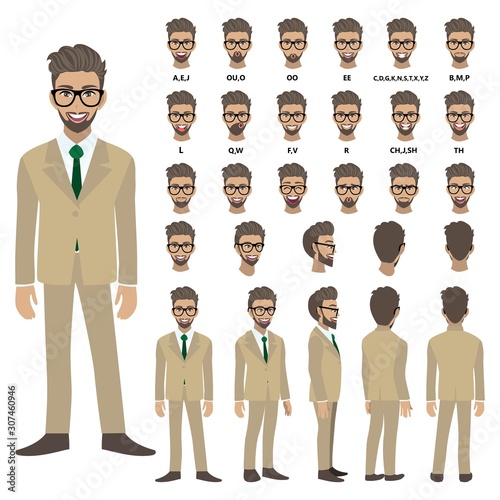Cartoon character with business man in suit for animation. Front, side, back, 3-4 view character. Separate parts of body. Flat vector illustration.